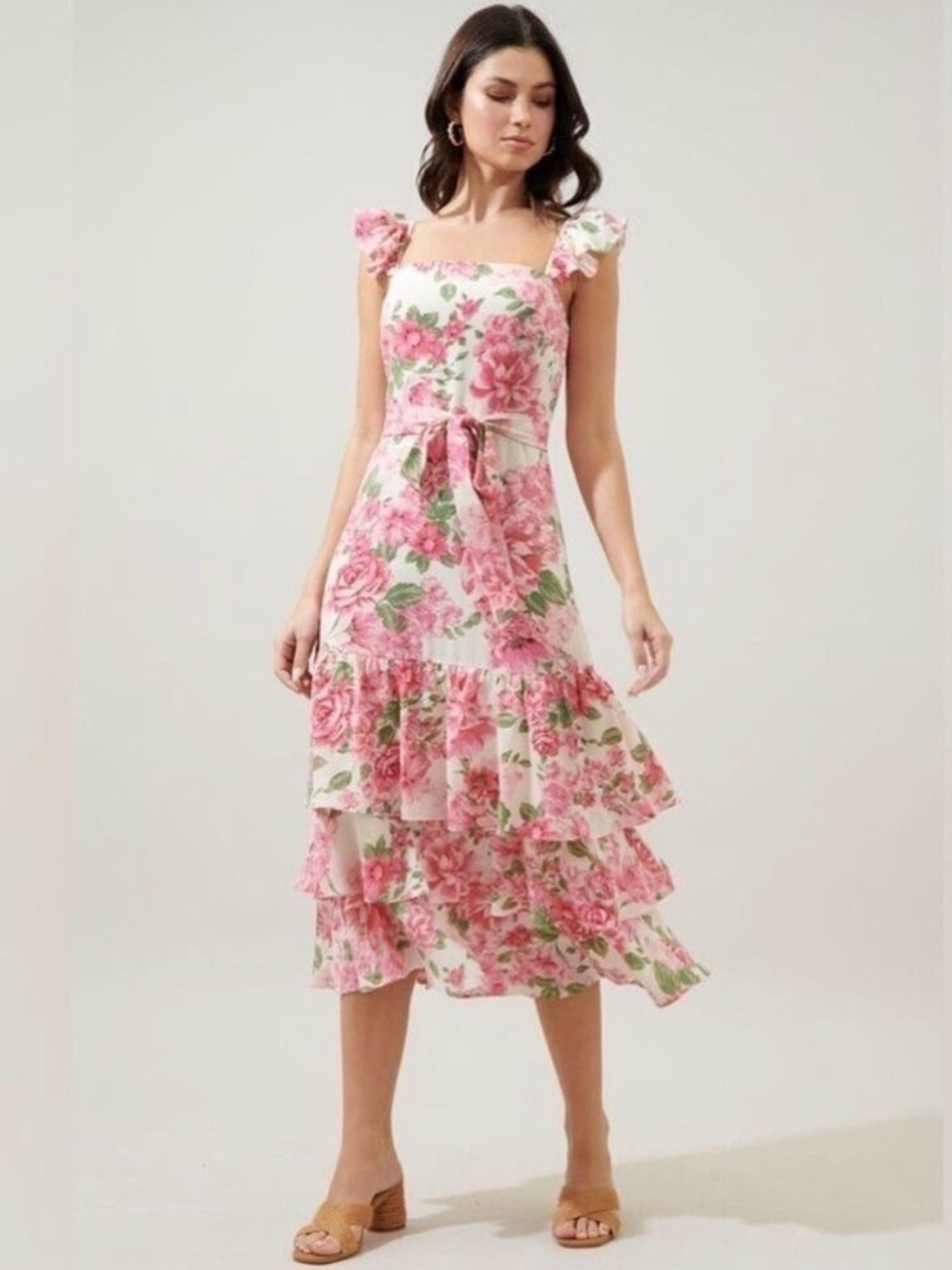Sugarlips Truth Be Told Guayana Floral Belted Ruffle Tiered Midi Dress